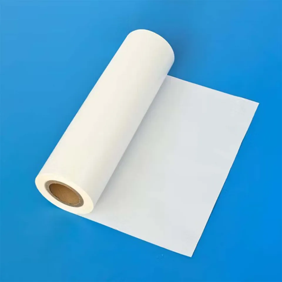 White roll of glassine paper on a blue bench